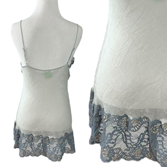 Vintage Mary Green Silk Sheer Mesh & Lace Fairy Slip Dress Nightie Small Grey - Picture 3 of 8